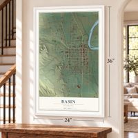 Basin, Wyoming map, 24 x 36 inch print in a white frame by a staircase