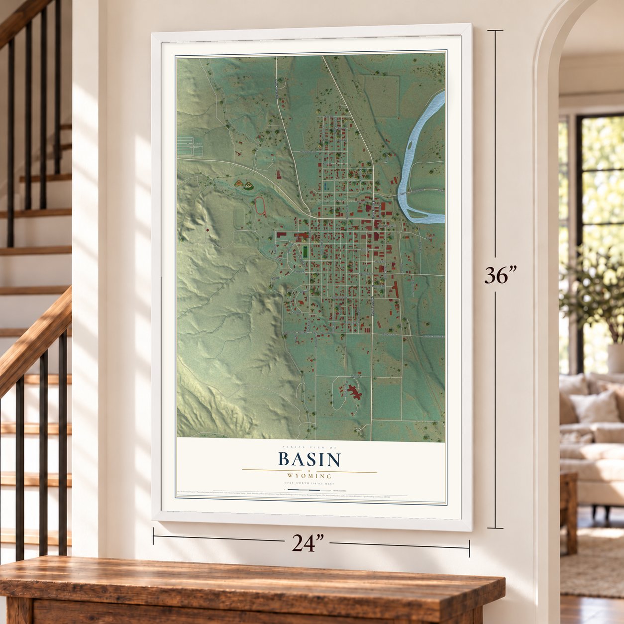 Basin, Wyoming map, 24 x 36 inch print in a white frame by a staircase