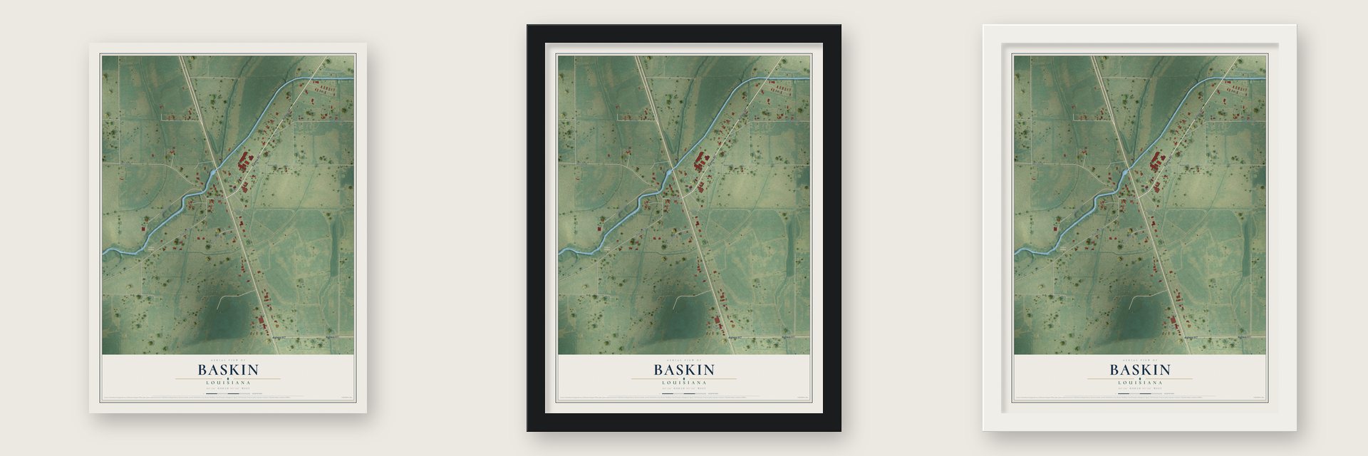 Baskin, Louisiana map unframed, in a black wood frame and in a white wood frame