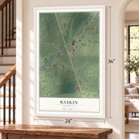 Baskin, Louisiana map, 24 x 36 inch print in a white frame by a staircase