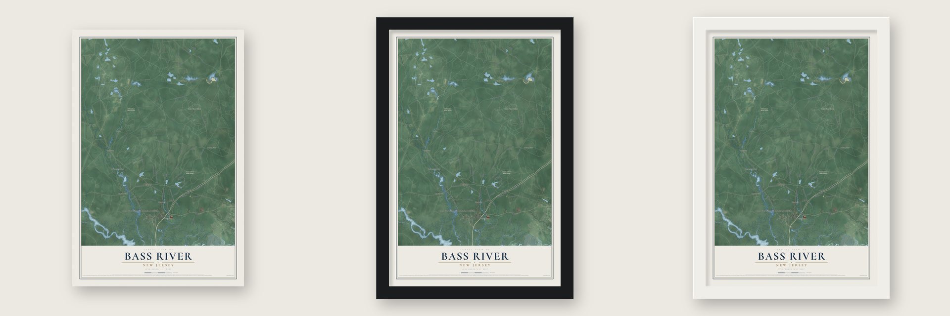 Bass River, New Jersey map unframed, in a black wood frame and in a white wood frame