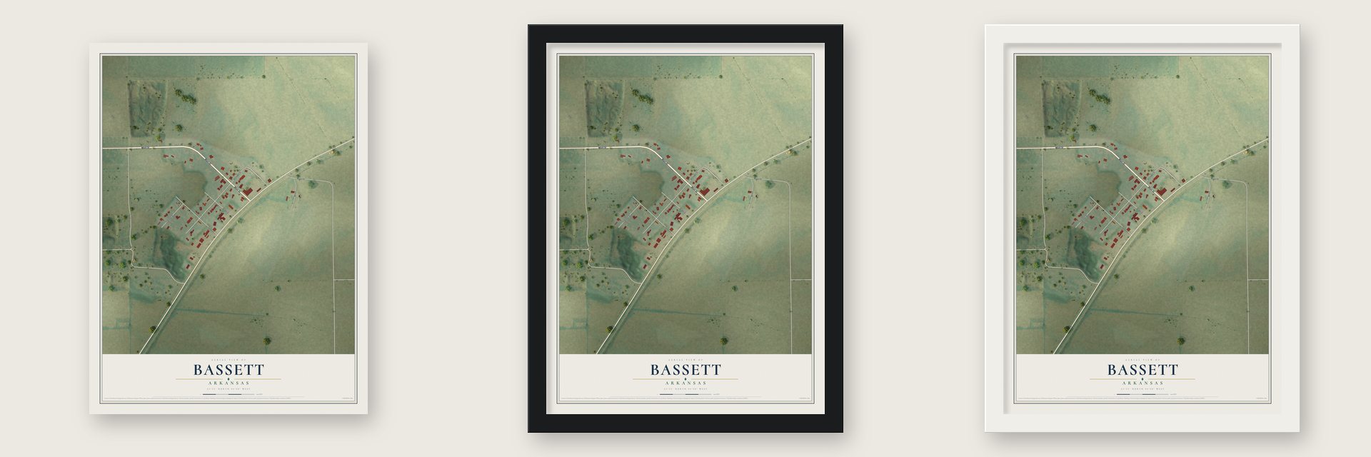 Bassett, Arkansas map unframed, in a black wood frame and in a white wood frame