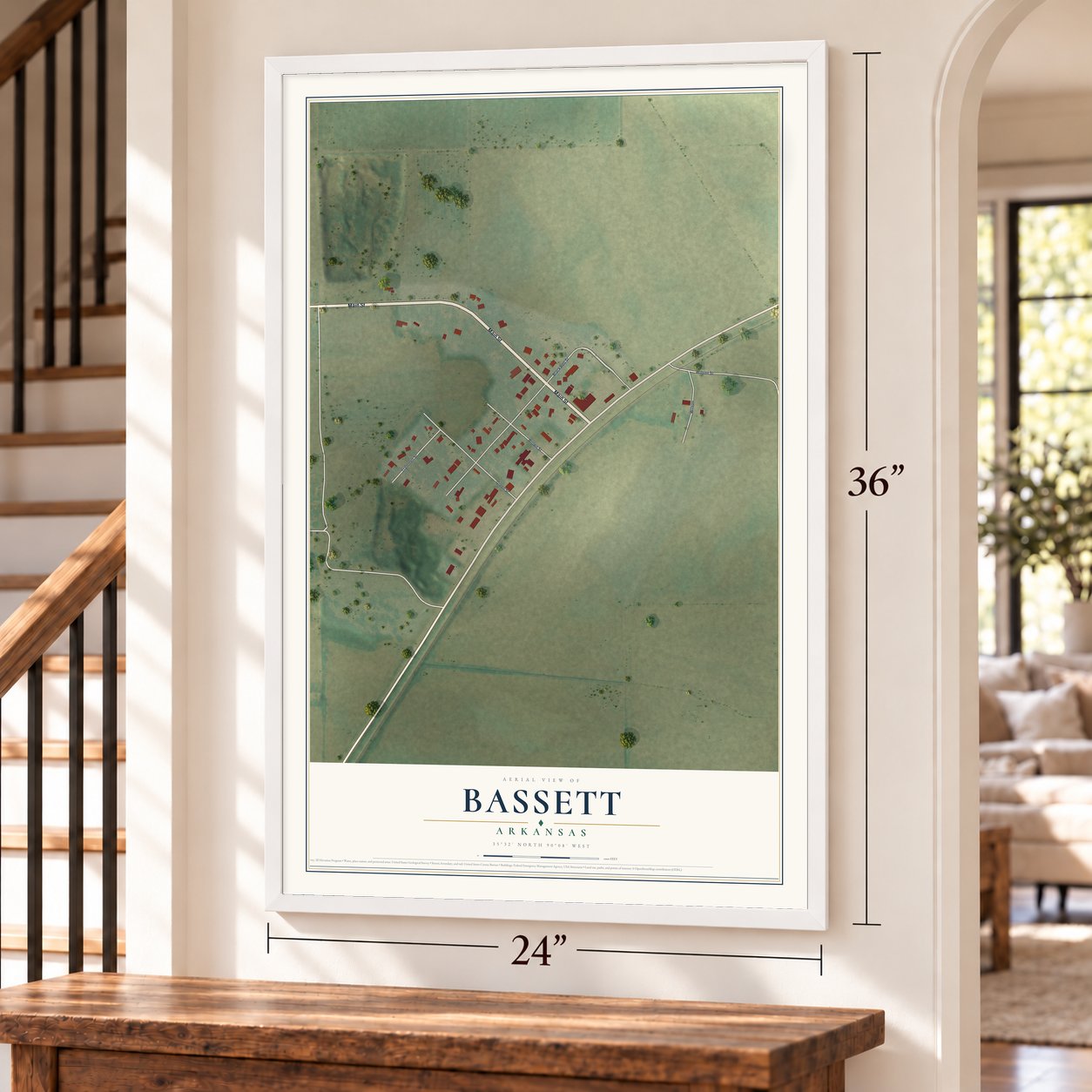 Bassett, Arkansas map, 24 x 36 inch print in a white frame by a staircase
