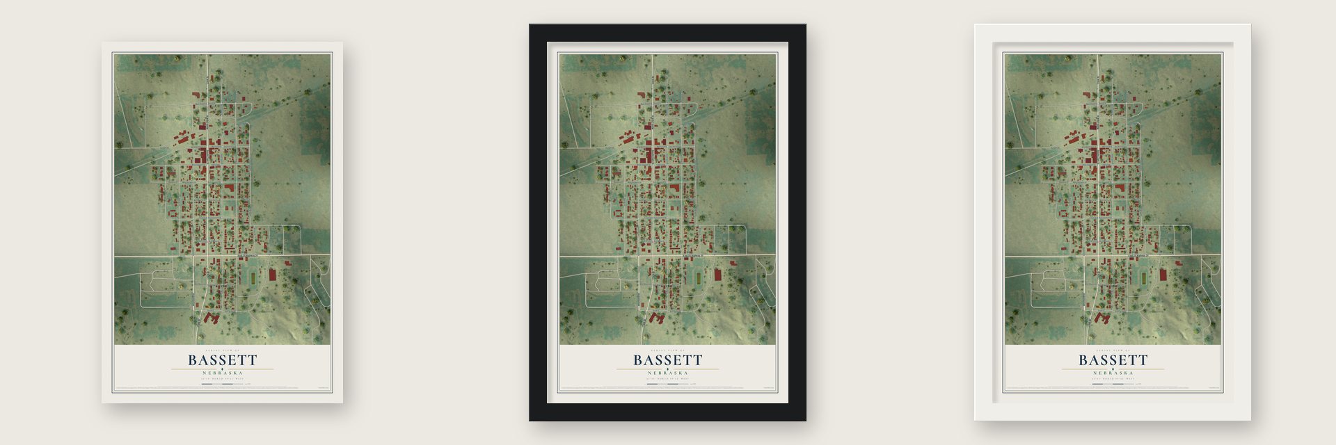 Bassett, Nebraska map unframed, in a black wood frame and in a white wood frame