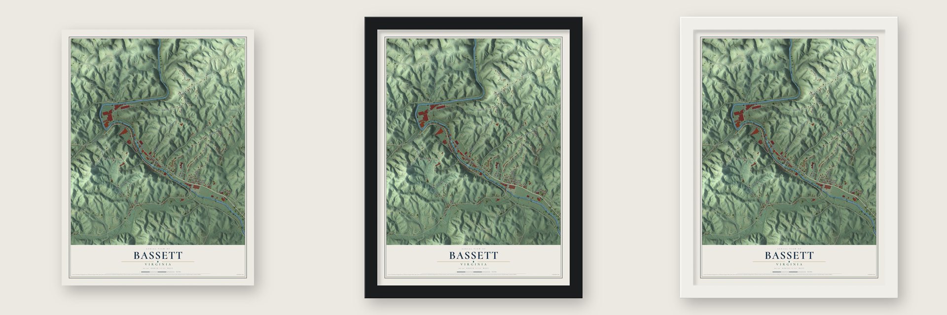 Bassett, Virginia map unframed, in a black wood frame and in a white wood frame