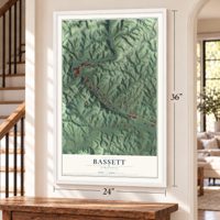 Bassett, Virginia map, 24 x 36 inch print in a white frame by a staircase