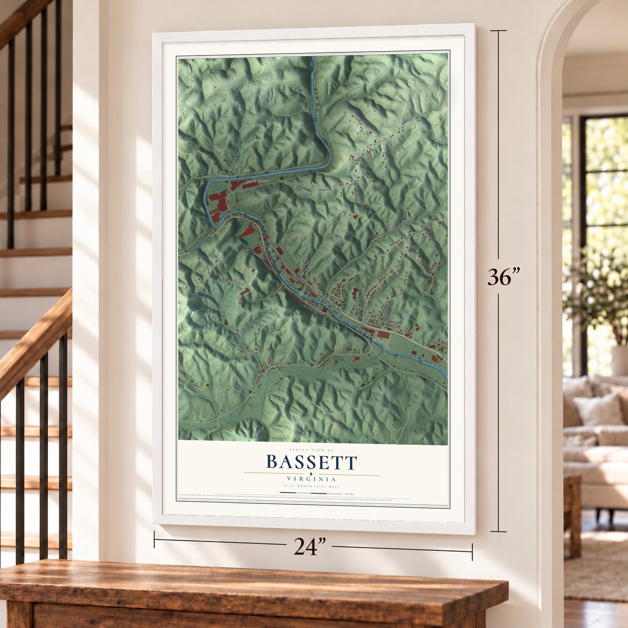 Bassett, Virginia map, 24 x 36 inch print in a white frame by a staircase