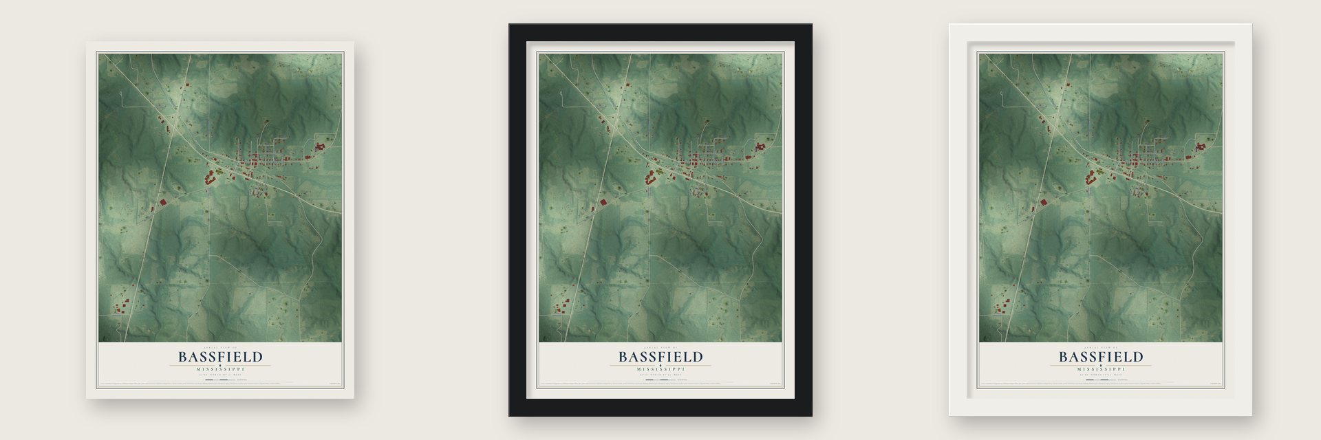 Bassfield, Mississippi map unframed, in a black wood frame and in a white wood frame