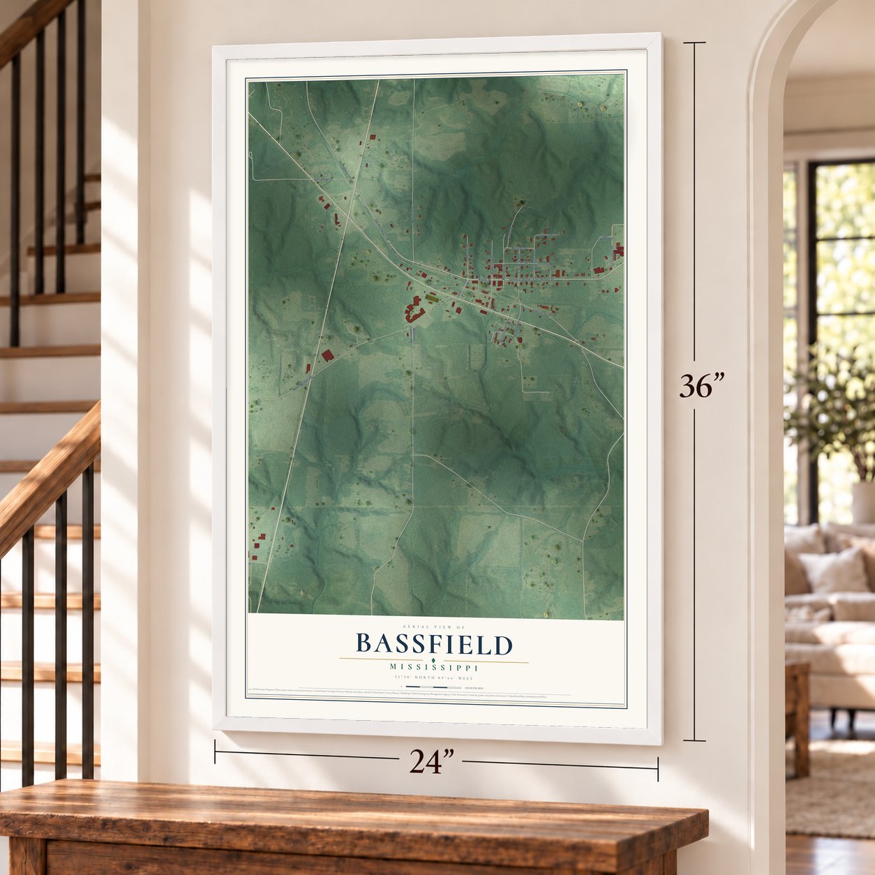 Bassfield, Mississippi map, 24 x 36 inch print in a white frame by a staircase