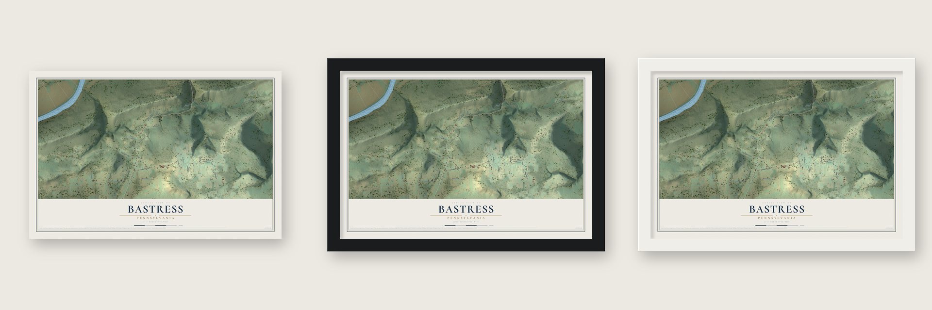 Bastress, Pennsylvania map unframed, in a black wood frame and in a white wood frame