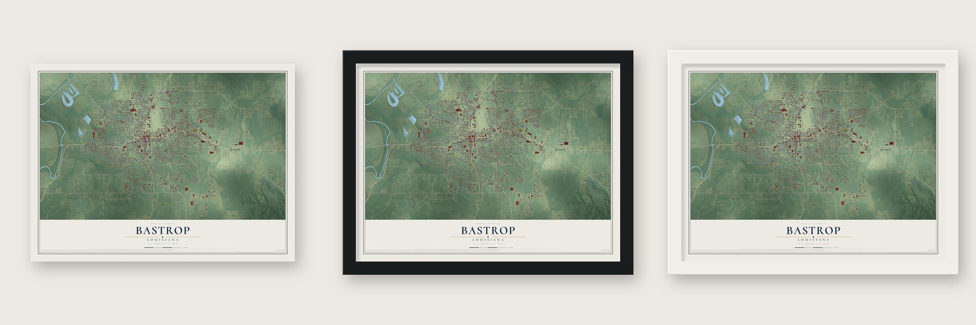 Bastrop, Louisiana map unframed, in a black wood frame and in a white wood frame