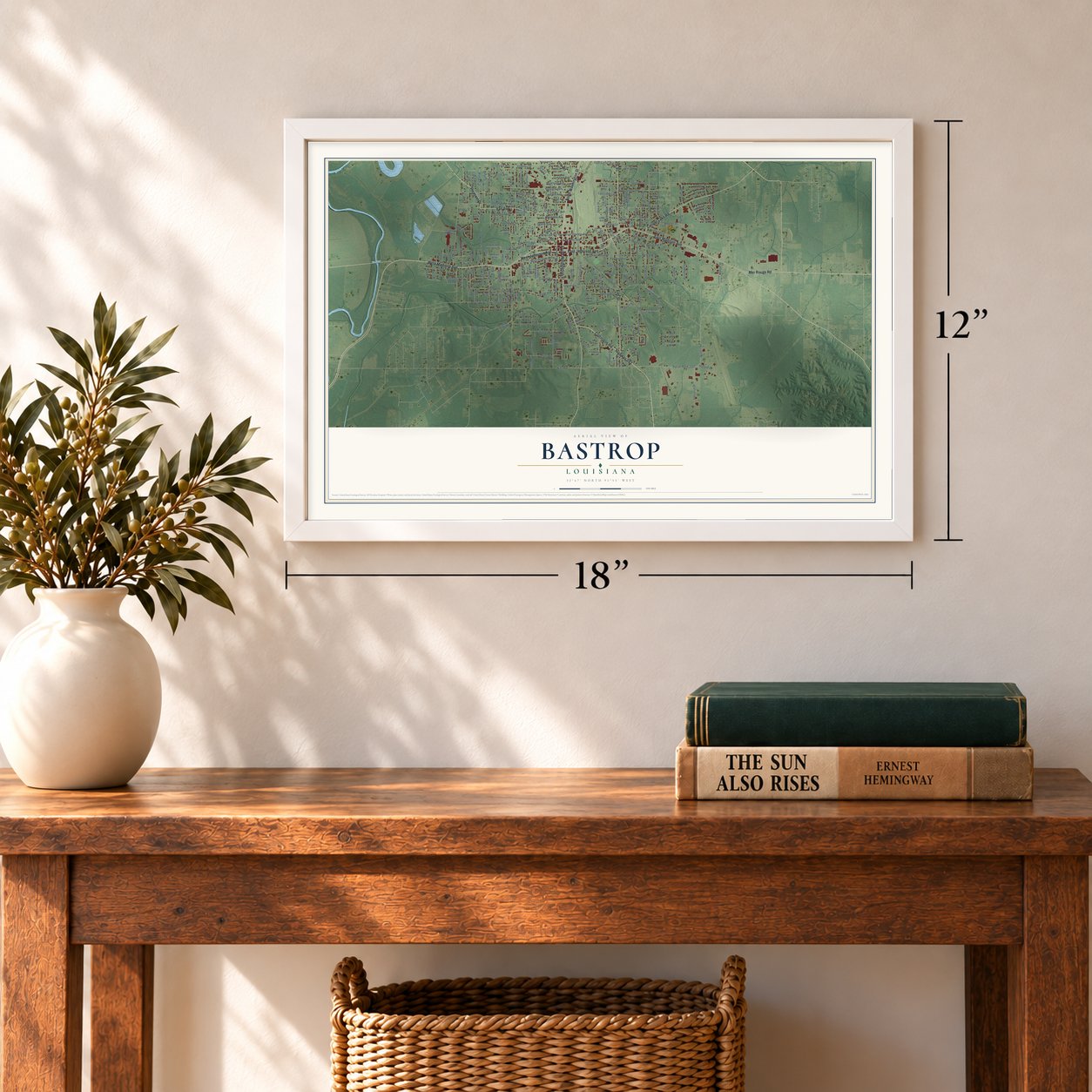 Bastrop, Louisiana map, 12 x 18 inch print in a white frame in an entryway