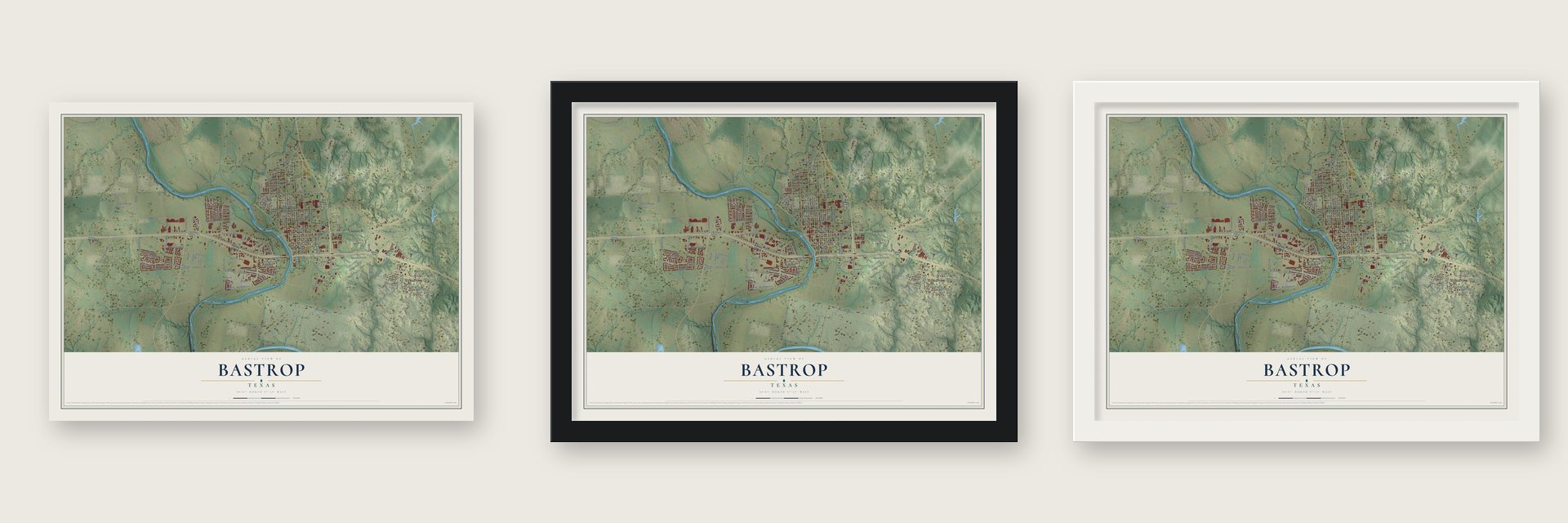 Bastrop, Texas map unframed, in a black wood frame and in a white wood frame