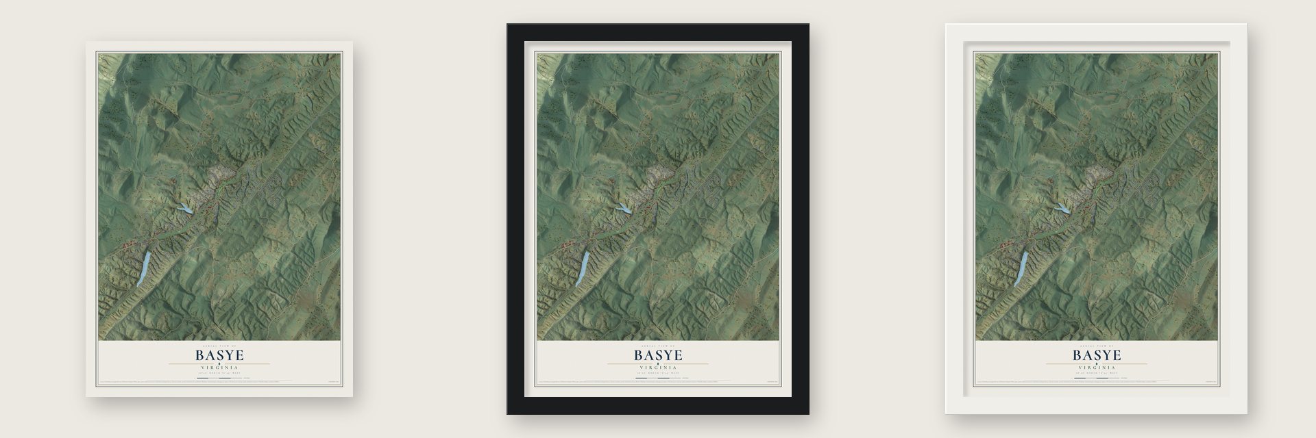 Basye, Virginia map unframed, in a black wood frame and in a white wood frame