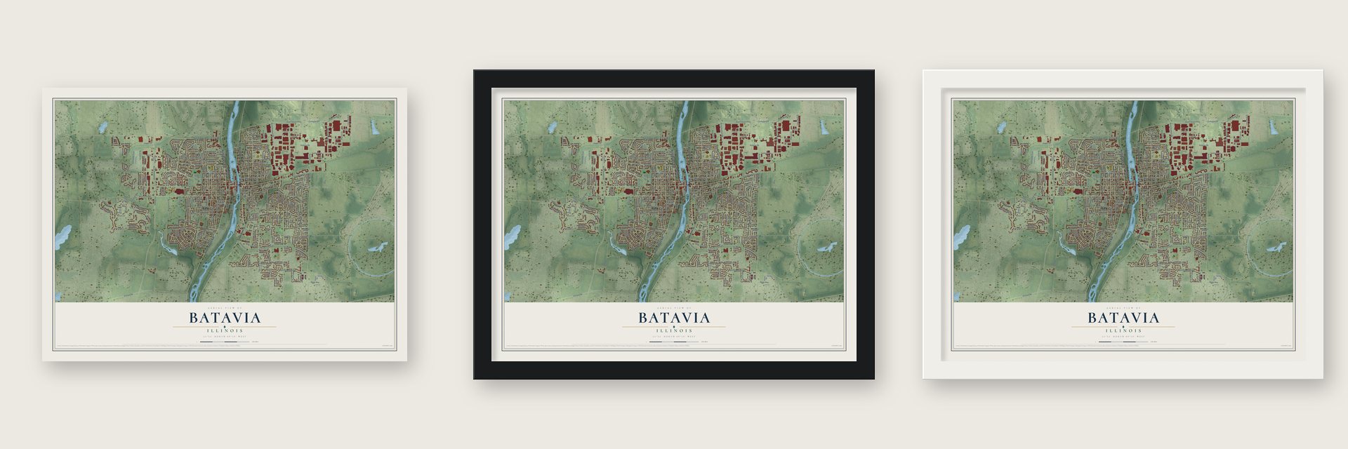 Batavia, Illinois map unframed, in a black wood frame and in a white wood frame