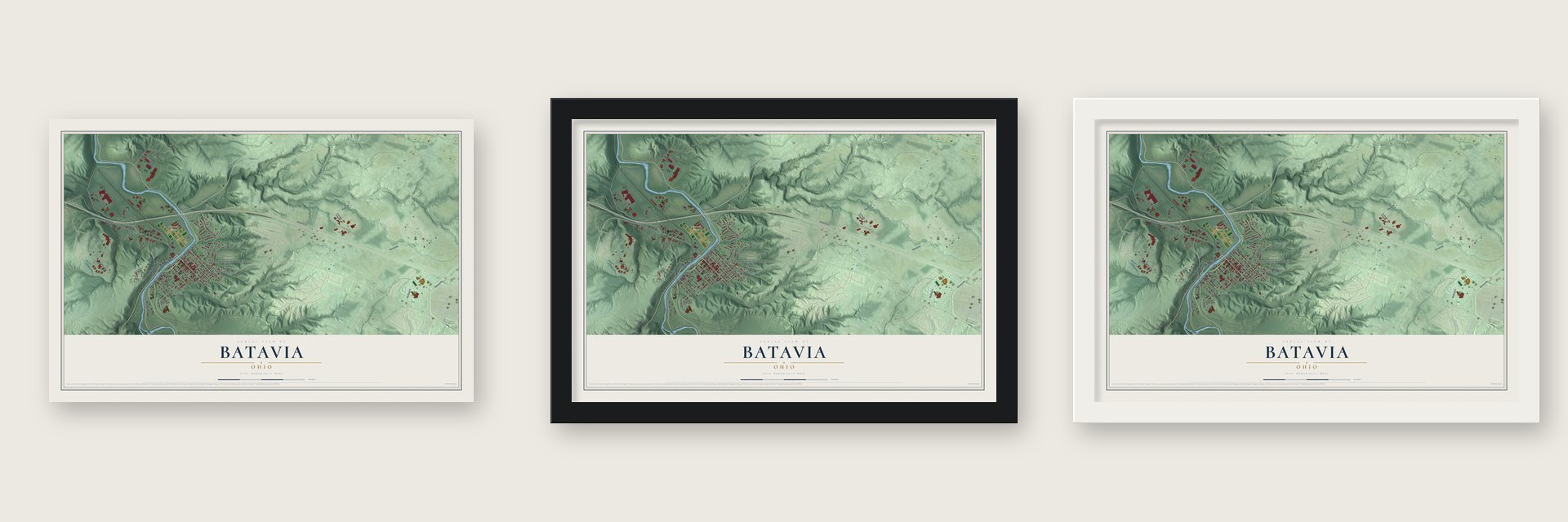 Batavia, Ohio map unframed, in a black wood frame and in a white wood frame