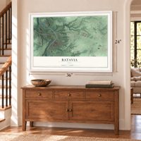 Batavia, Ohio map, 24 x 36 inch print in a white frame above a dresser by a staircase