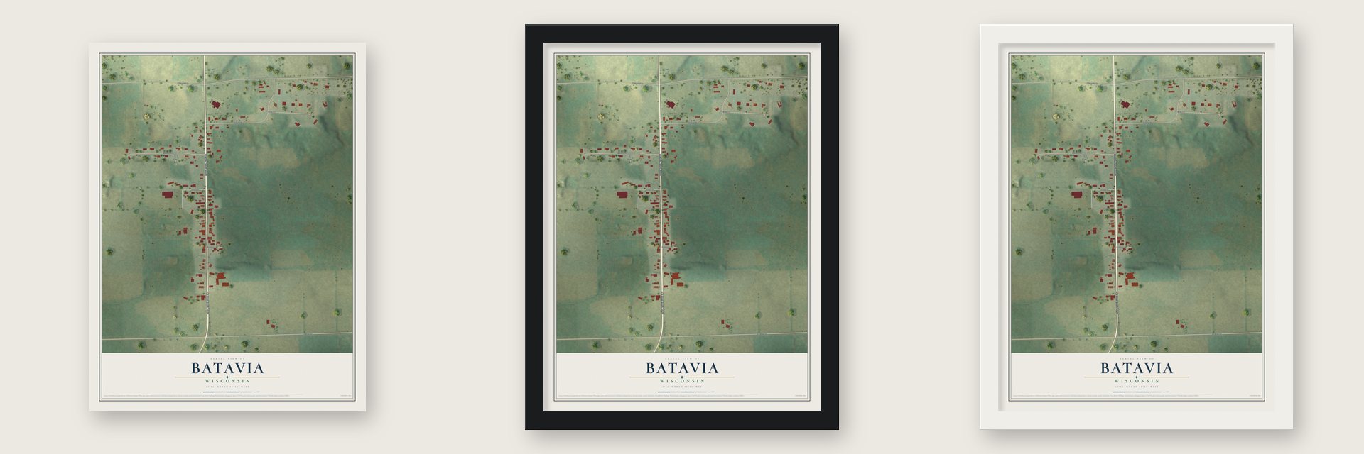 Batavia, Wisconsin map unframed, in a black wood frame and in a white wood frame