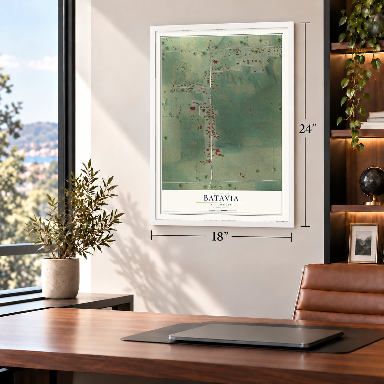 Batavia, Wisconsin map, 18 x 24 inch print in a white frame in a home office