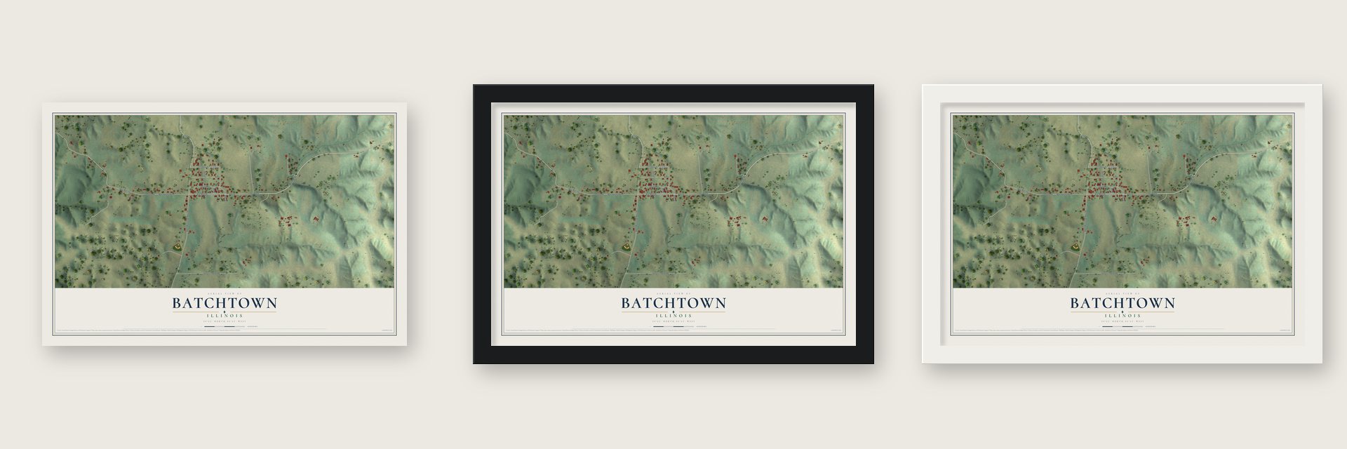 Batchtown, Illinois map unframed, in a black wood frame and in a white wood frame