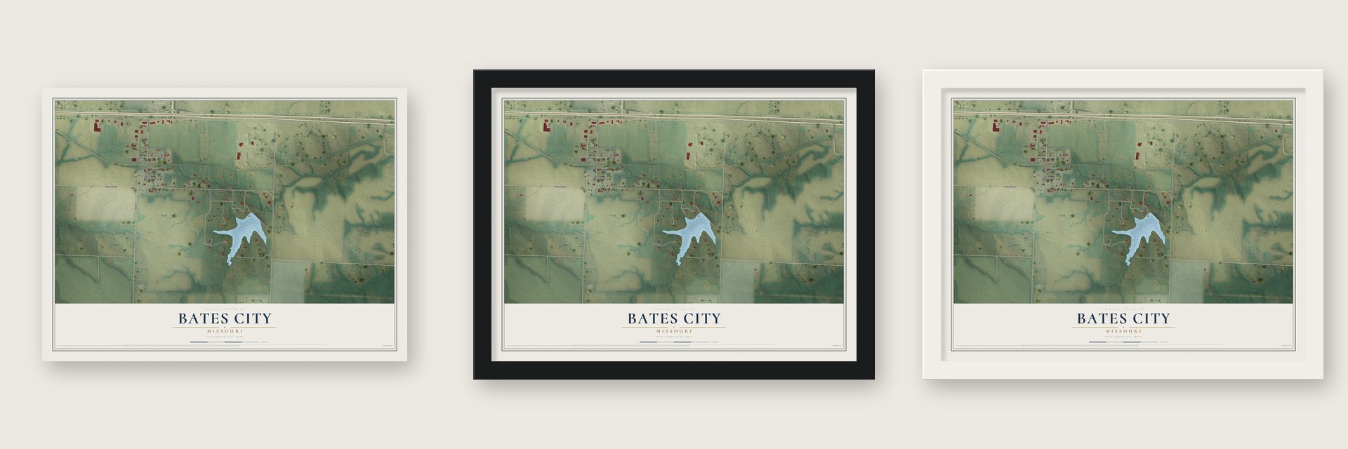 Bates City, Missouri map unframed, in a black wood frame and in a white wood frame