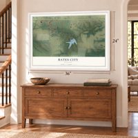 Bates City, Missouri map, 24 x 36 inch print in a white frame above a dresser by a staircase