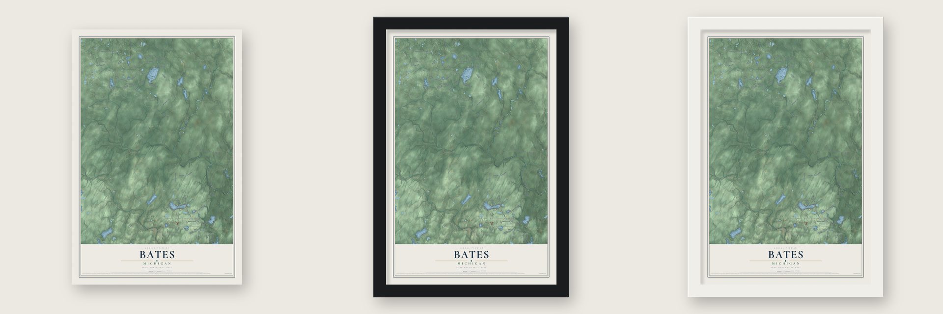 Bates, Michigan map unframed, in a black wood frame and in a white wood frame