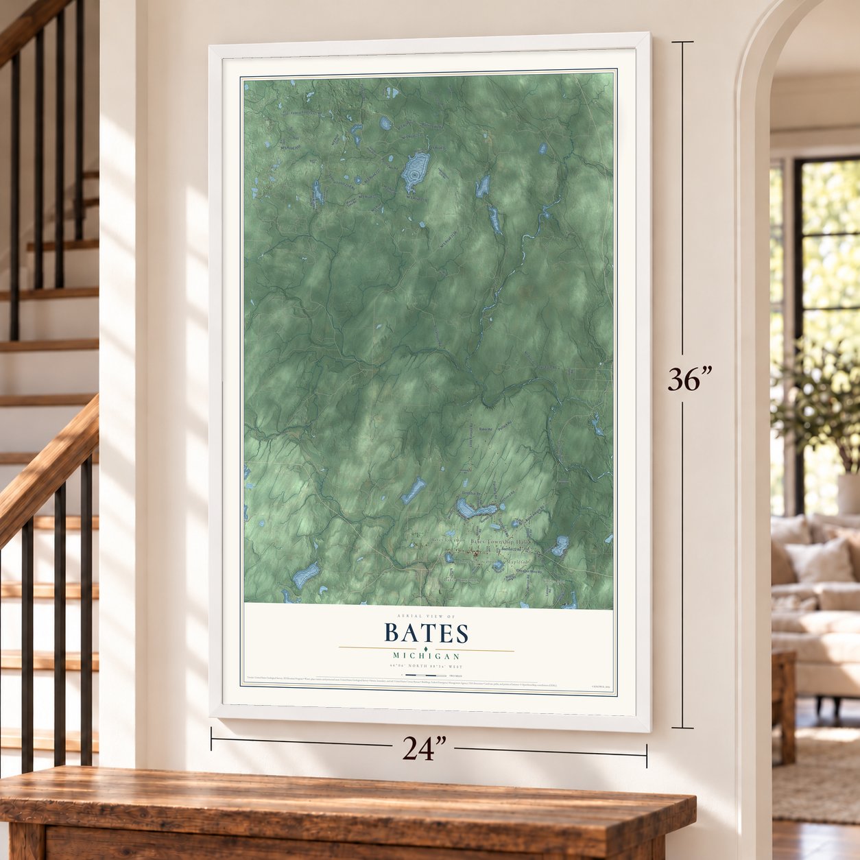 Bates, Michigan map, 24 x 36 inch print in a white frame by a staircase