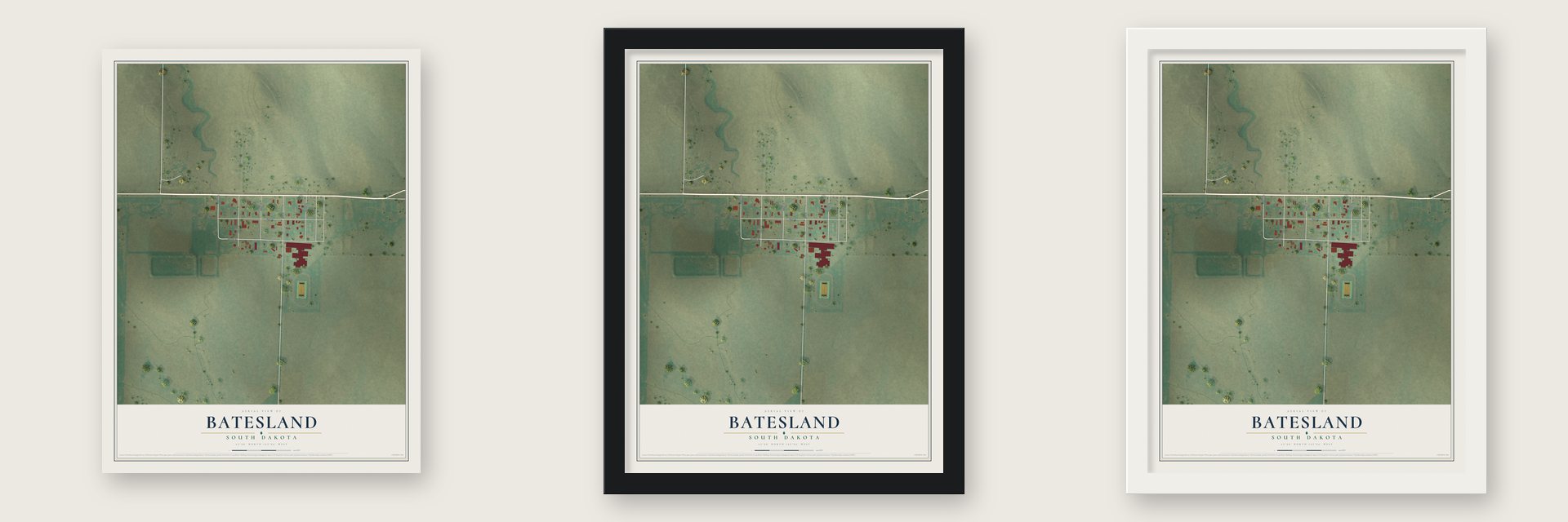 Batesland, South Dakota map unframed, in a black wood frame and in a white wood frame