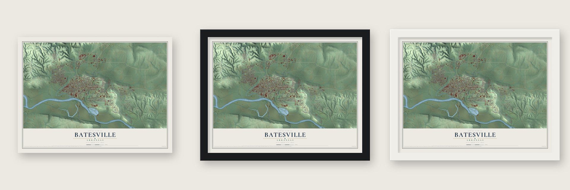 Batesville, Arkansas map unframed, in a black wood frame and in a white wood frame