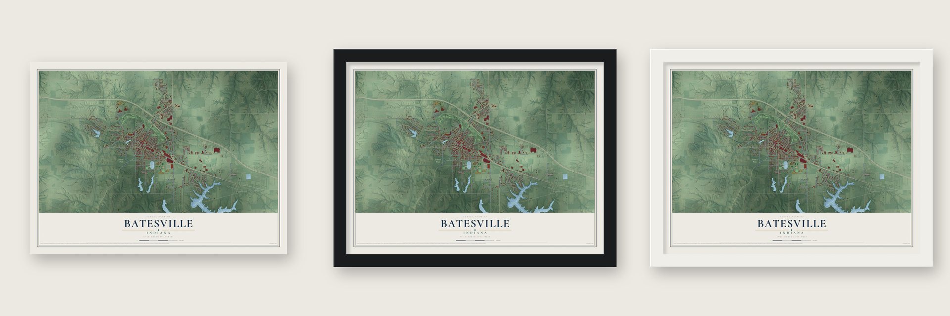 Batesville, Indiana map unframed, in a black wood frame and in a white wood frame