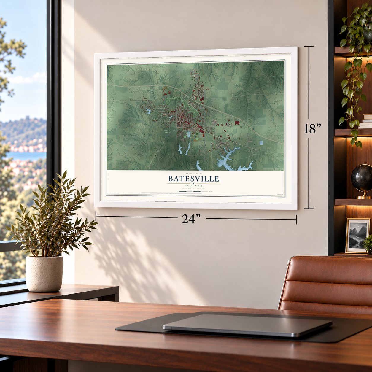 Batesville, Indiana map, 18 x 24 inch print in a white frame in a home office
