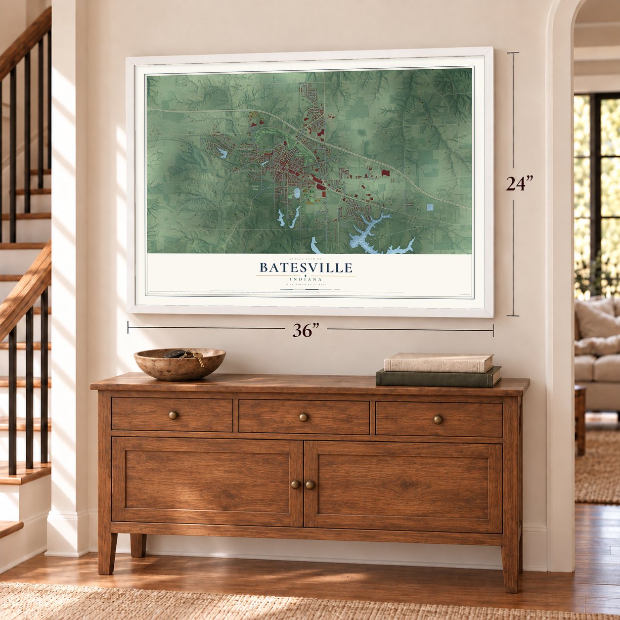 Batesville, Indiana map, 24 x 36 inch print in a white frame above a dresser by a staircase