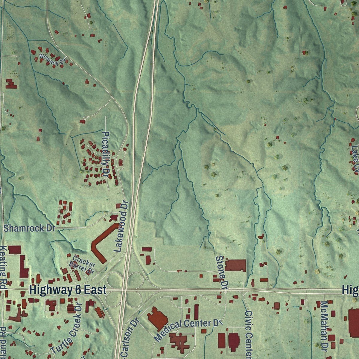 Second close-up of the map of Batesville, Mississippi print showing more streets and buildings