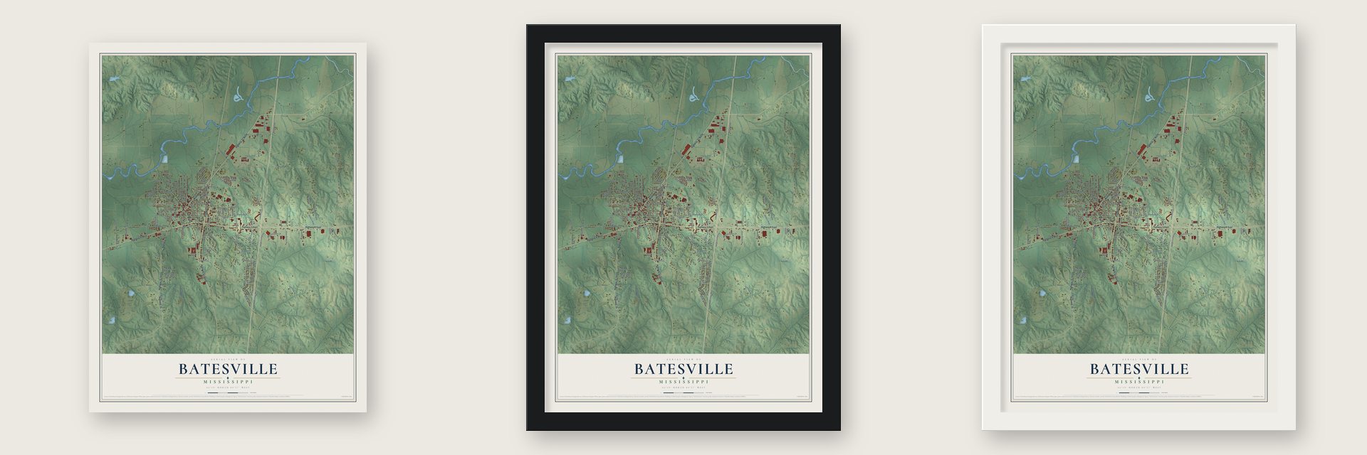 Batesville, Mississippi map unframed, in a black wood frame and in a white wood frame