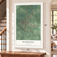 Batesville, Mississippi map, 24 x 36 inch print in a white frame by a staircase