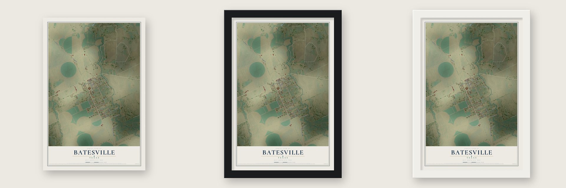 Batesville, Texas map unframed, in a black wood frame and in a white wood frame