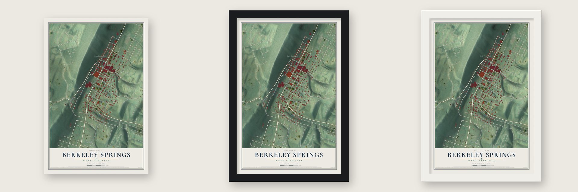 Berkeley Springs, West Virginia map unframed, in a black wood frame and in a white wood frame