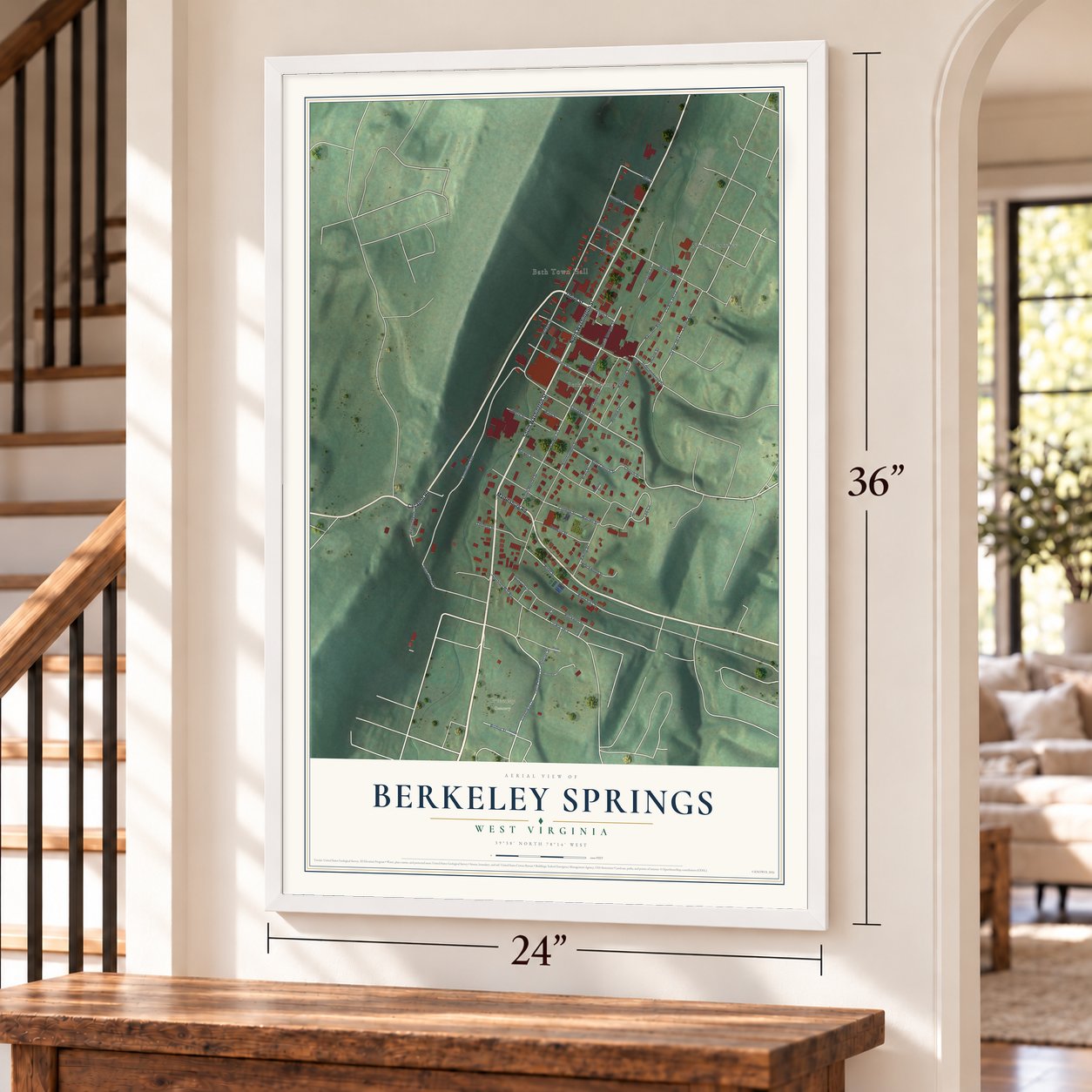 Berkeley Springs, West Virginia map, 24 x 36 inch print in a white frame by a staircase
