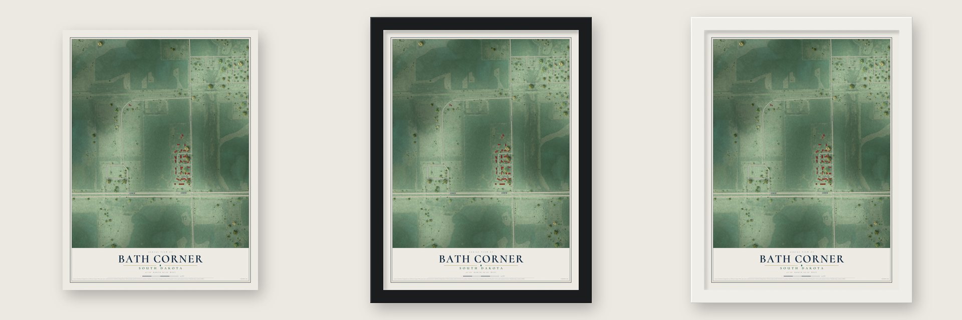 Bath Corner, South Dakota map unframed, in a black wood frame and in a white wood frame