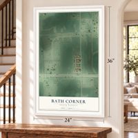 Bath Corner, South Dakota map, 24 x 36 inch print in a white frame by a staircase