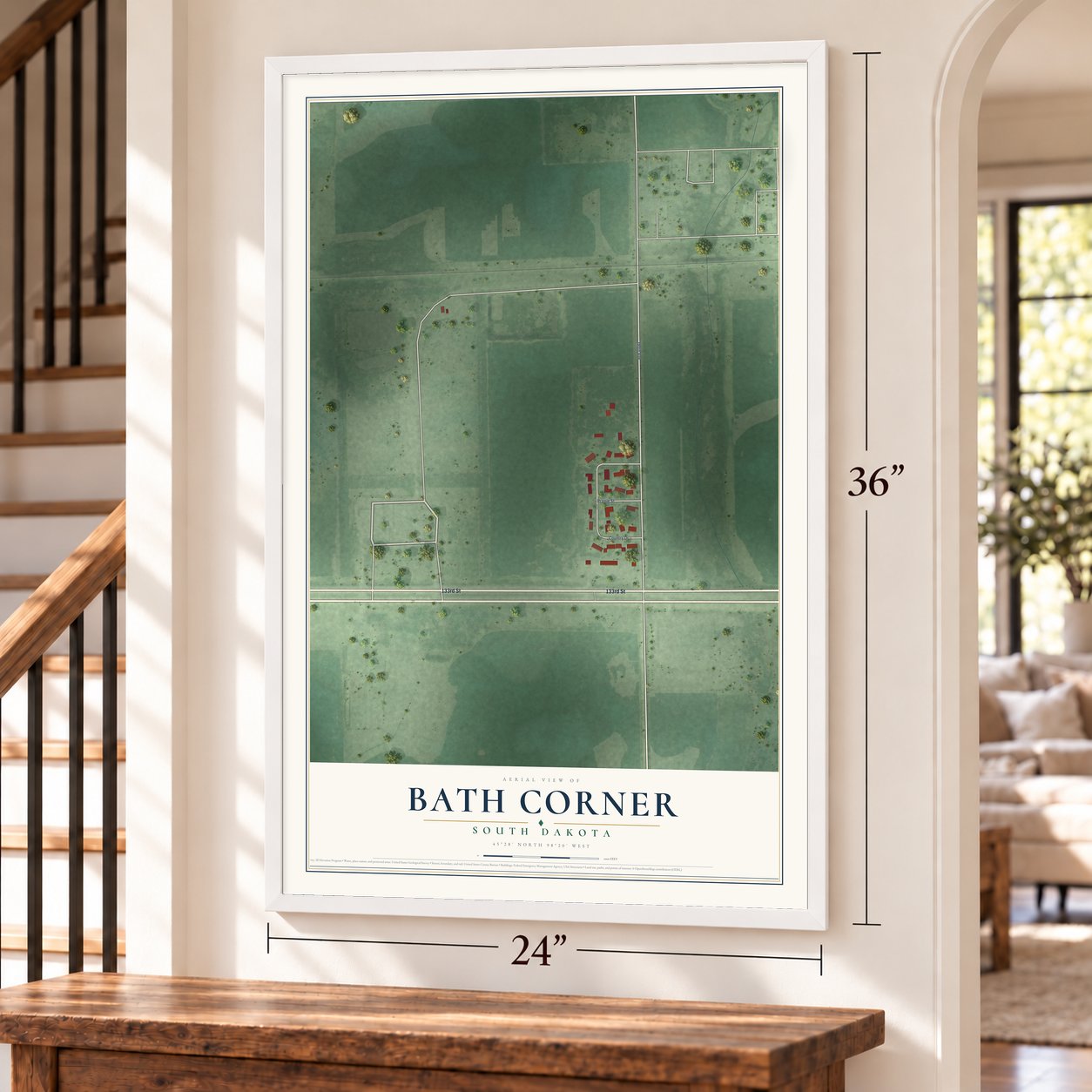 Bath Corner, South Dakota map, 24 x 36 inch print in a white frame by a staircase
