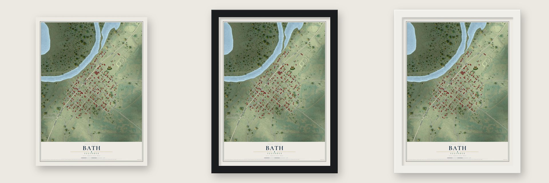 Bath, Illinois map unframed, in a black wood frame and in a white wood frame