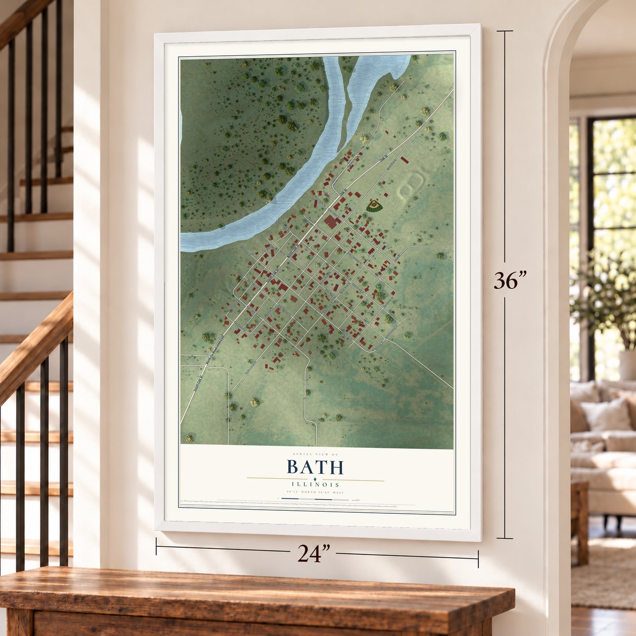 Bath, Illinois map, 24 x 36 inch print in a white frame by a staircase