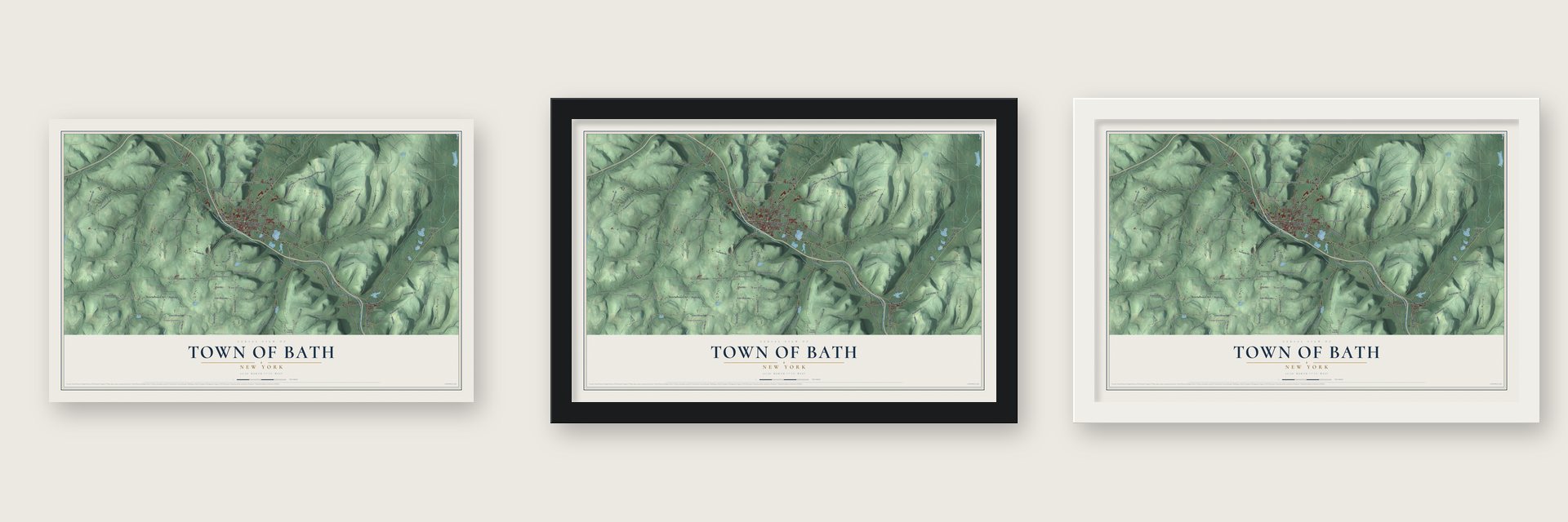Town of Bath, New York map unframed, in a black wood frame and in a white wood frame