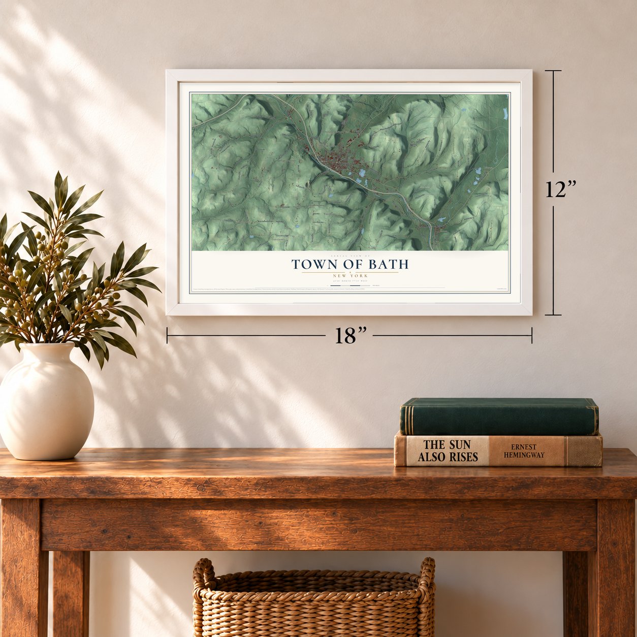 Town of Bath, New York map, 12 x 18 inch print in a white frame in an entryway