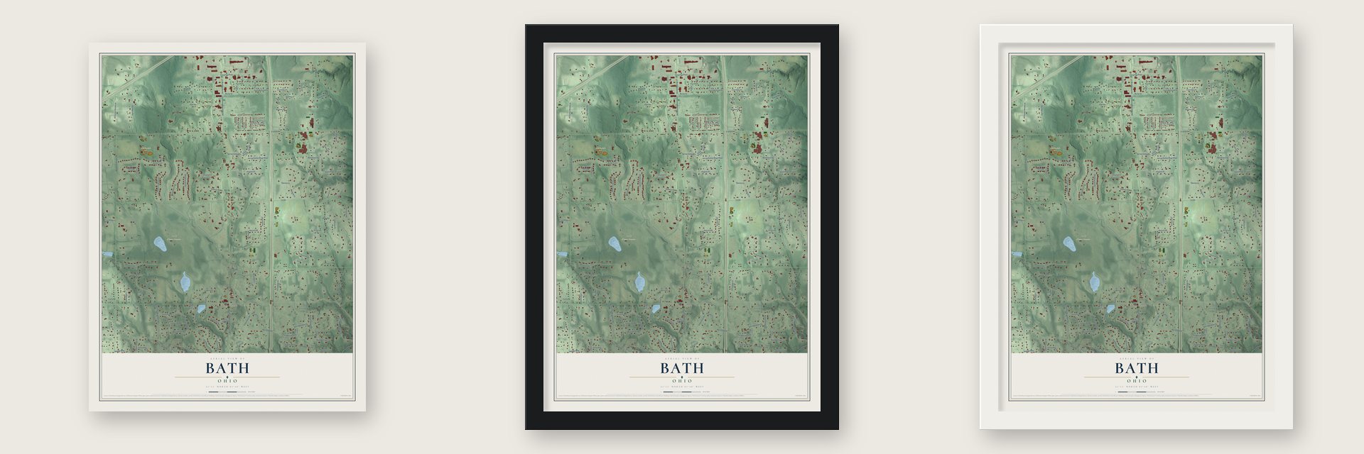Bath, Ohio map unframed, in a black wood frame and in a white wood frame