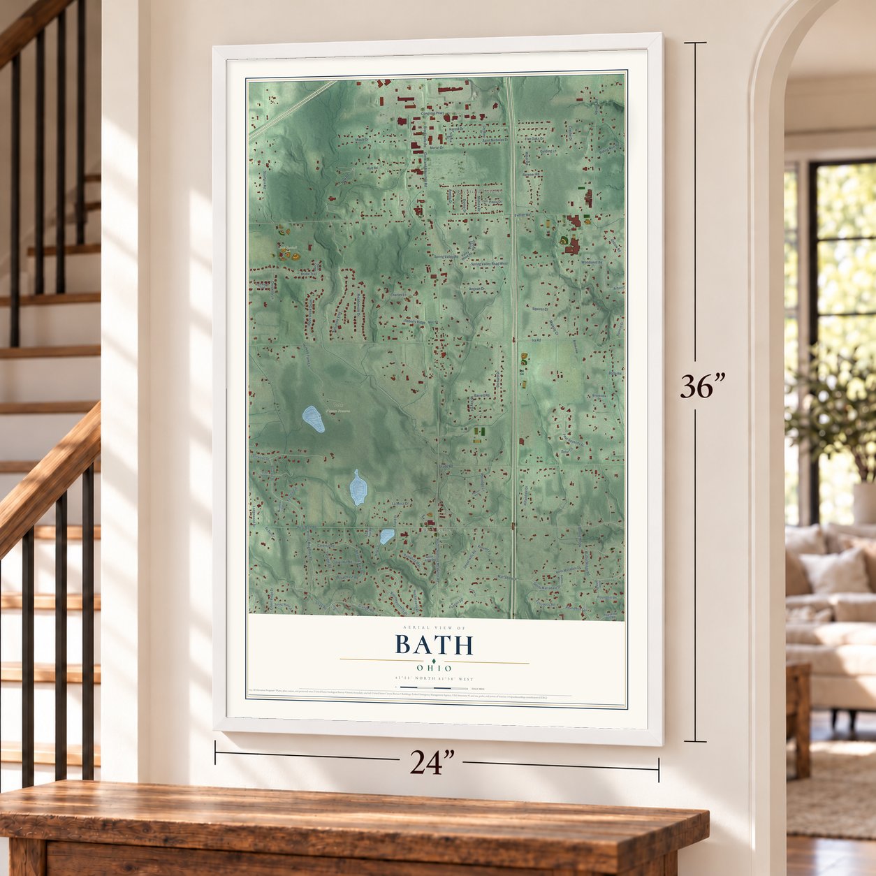 Bath, Ohio map, 24 x 36 inch print in a white frame by a staircase