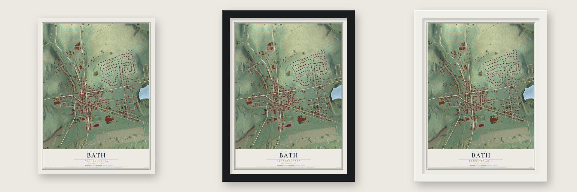 Bath, Pennsylvania map unframed, in a black wood frame and in a white wood frame