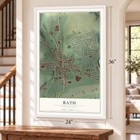 Bath, Pennsylvania map, 24 x 36 inch print in a white frame by a staircase